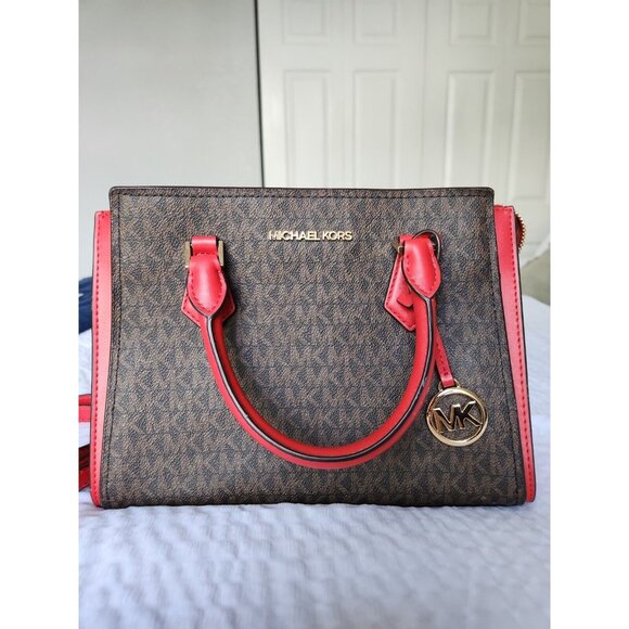 Michael Kors Hope Medium Messenger Bag Flame Red & Brown Satchel Purse w/ Strap - Picture 1 of 13